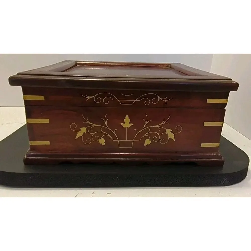 Large Vintage Inlaid Wood Jewelry Chest 10x10 Two-Tier Heart Mirror 9-Comp